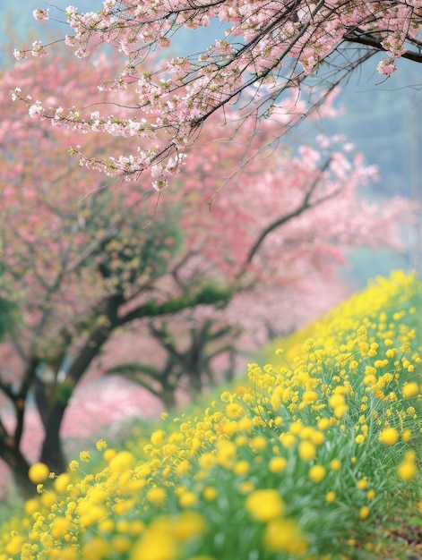 Uma cena de primavera se desdobra com flores de cerejeira cor-de-rosa complementadas por um tapete de flores douradas criando uma paleta natural contrastante mas harmoniosa