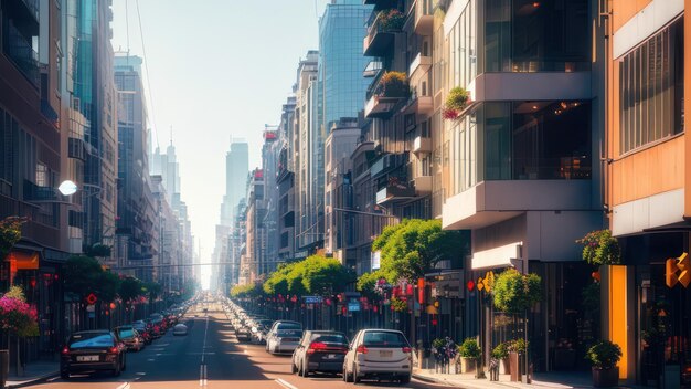 Uma cena de rua com carros e prédios em primeiro plano e uma placa que diz 'la city'