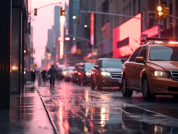 uma cena de rua com carros estacionados na rua e um céu rosa ao fundo