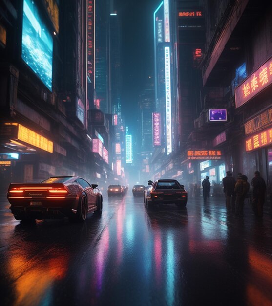Uma cena de rua com um carro e um sinal de néon que diz a palavra