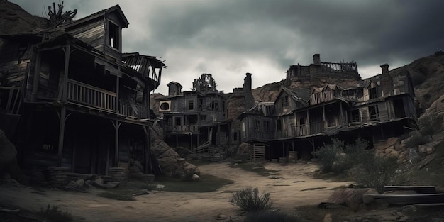 Uma cena de rua com um prédio em ruínas e um prédio em ruínas.