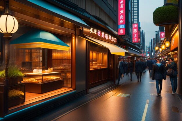 Foto uma cena de rua com um restaurante chamado tsukiji.