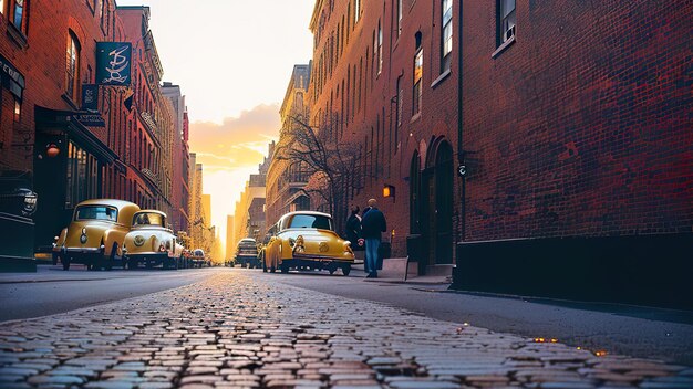 Uma cena de rua com um táxi amarelo e um letreiro que diz "NYC".