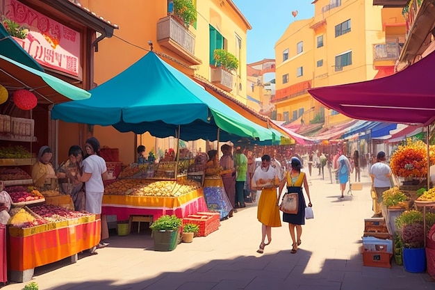 Uma cena de rua com uma mulher vendendo frutas e legumes