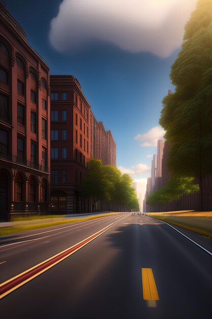 Uma cena de rua com uma paisagem urbana e uma rua com um prédio ao fundo.