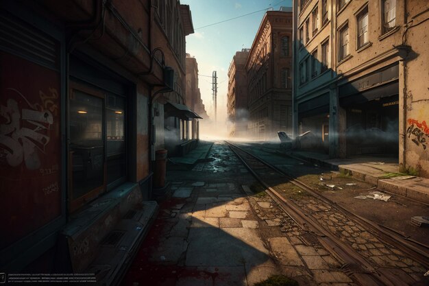 Uma cena de rua com uma rua ao fundo e as palavras "the word dead" na parte inferior.