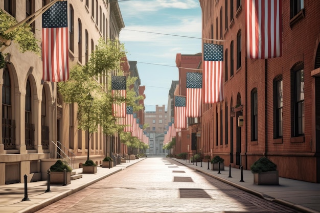 Uma cena de rua com uma rua com bandeiras penduradas na lateral