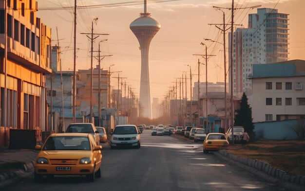 Uma cena de rua com uma torre ao fundo