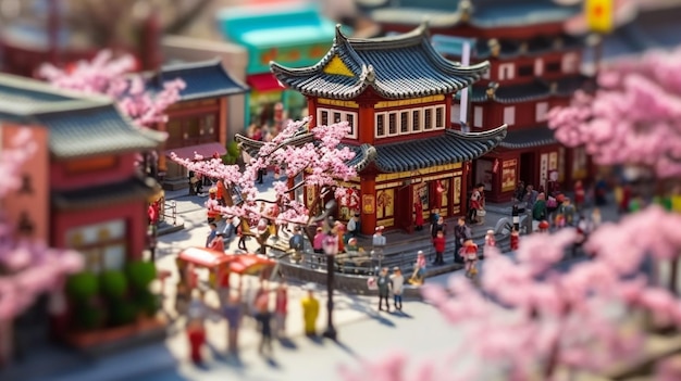 Uma cena de rua em miniatura com uma pequena cidade ao fundo.