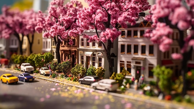 Uma cena de rua em miniatura com uma pequena cidade ao fundo.