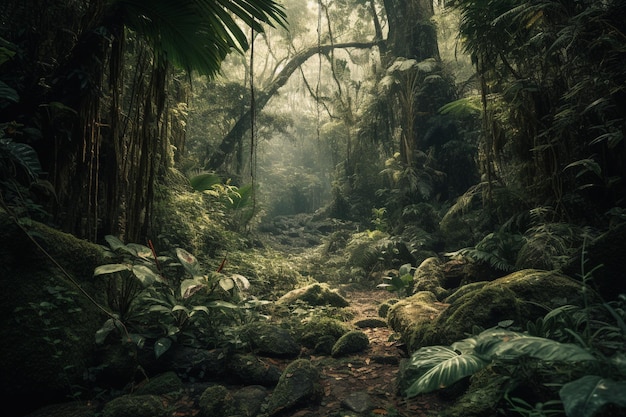 Uma cena de selva com um caminho no meio da selva.