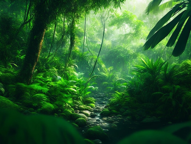 Uma cena de selva com um riacho passando por ela