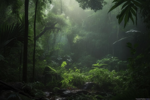 Uma cena de selva com uma cena de selva ao fundo