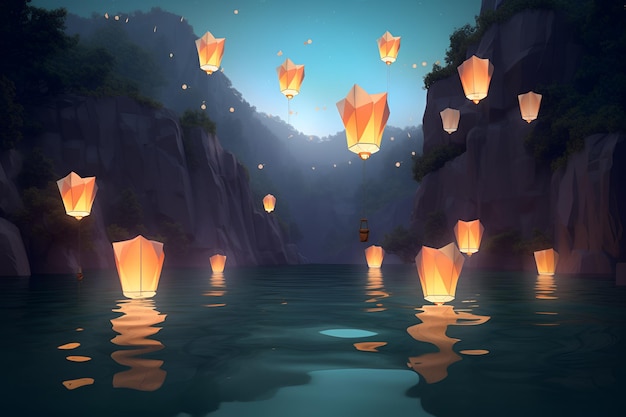 Uma cena de um lago com lanternas de papel flutuando acima dele
