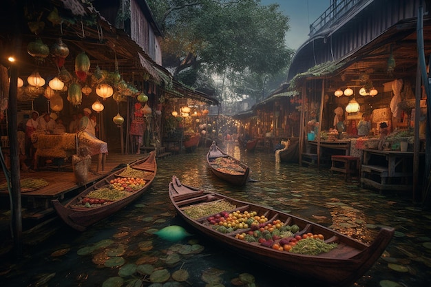 Uma cena de um mercado flutuante com barcos nele e uma mulher em um barco na água.