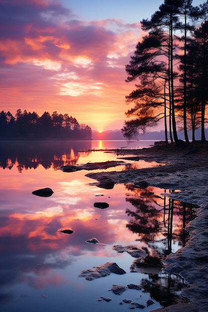 Uma cena de um pôr do sol de cor pastel refletindo em um lago sereno AI genrative