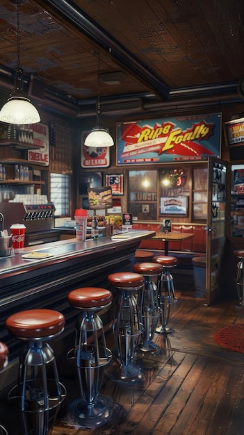 Uma cena de um restaurante americano, um bar de hambúrgueres vintage com fontes de refrigerante e cartazes de rock'n'roll.