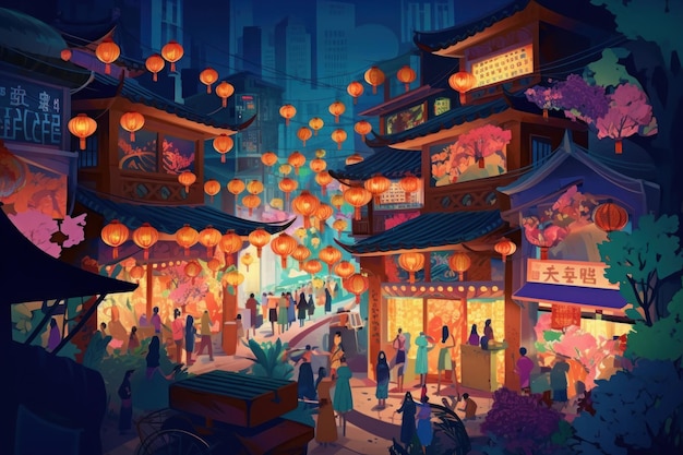 Uma cena de uma cidade chinesa com uma cena de rua e lanternas.