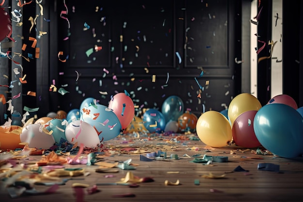 Uma cena de uma festa de aniversário com balões de confete e flâmulas