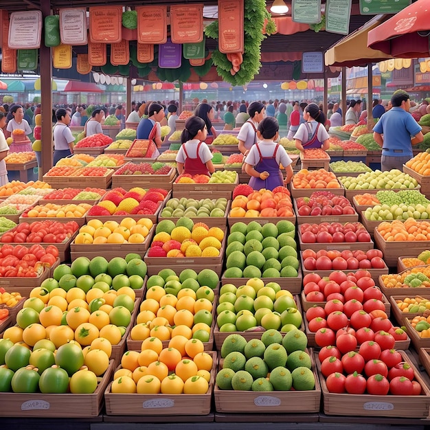 Uma cena de uma foto tirada em um movimentado mercado de alimentos
