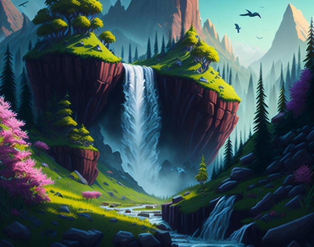 Uma cena de verão de desenho animado com paisagem de montanha Floresta e praias Ilustração AI Gerada