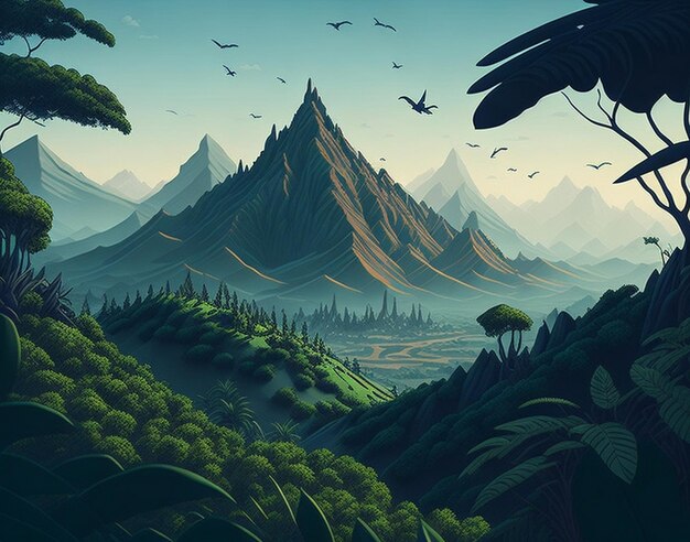 Uma cena de verão de desenho animado com paisagem de montanha Floresta e praias Ilustração AI Gerada