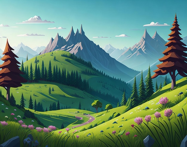 Uma cena de verão de desenho animado com paisagem de montanha Floresta e praias Ilustração AI Gerada