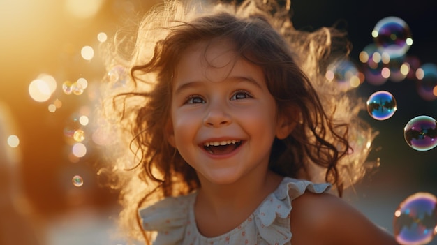 Uma cena deliciosa, uma menina a rir-se enquanto brinca com bolhas, imagem gerada pela IA.