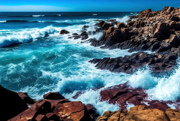 Uma cena deslumbrante de ondas do mar quebrando em rochas perto da praia sob um céu claro