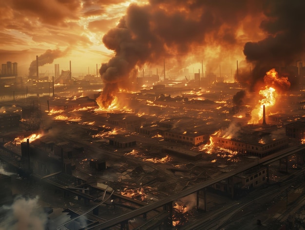 Uma cena devastadora se desenrola quando um complexo industrial é engolido por furiosas chamas e fumaça ondulante, pintando um quadro dramático de destruição contra o fundo de um céu de fogo sinistro.