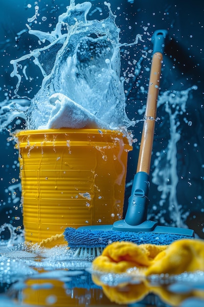 Uma cena dinâmica com um balde de escovas, toalhas e espuma de sabão espalhando-se, sugerindo um vigoroso processo de limpeza, suprimentos de limpeza espalhando.