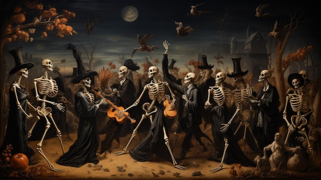 uma cena dinâmica com uma procissão de esqueletos vestidos elaboradamente dançando em comemoração
