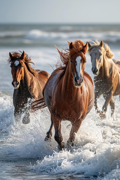 uma cena dinâmica de cavalos selvagens correndo ao longo da costa