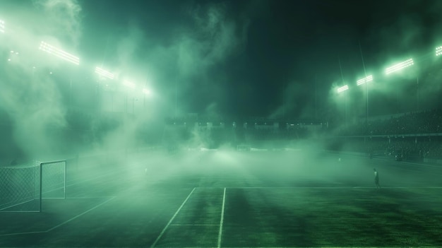 Uma cena dinâmica de um campo de futebol durante um jogo fãs nas arquibancadas enlouquecendo com denso nevoeiro aumentando o brilho etéreo das lâmpadas de arco Ai Generative