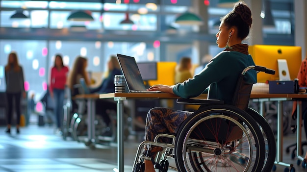 Uma cena dinâmica de uma mulher BIPOC em uma cadeira de rodas multitasking em seu laptop em um ambiente de escritório ocupado A imagem reflete sua habilidade de determinação e integração em uma profissão AI Generative