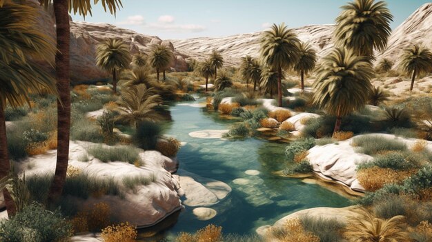 Foto uma cena do deserto com palmeiras e um rio.