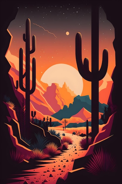 Foto uma cena do deserto com um cacto e montanhas ao fundo.