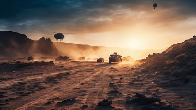 Uma cena do deserto com um helicóptero sobrevoando o deserto.