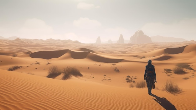 Uma cena do deserto com um homem caminhando no deserto.