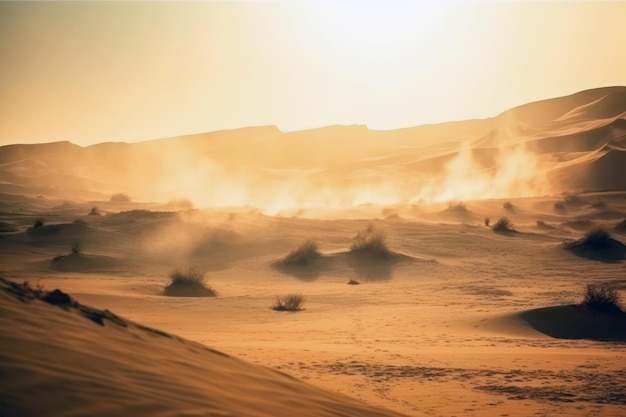 Uma cena do deserto com um pôr do sol ao fundo