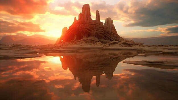 Uma cena do deserto com um pôr do sol ao fundo