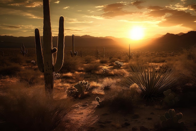 Foto uma cena do deserto com um pôr do sol e um cacto em primeiro plano.