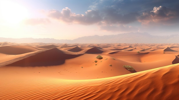 Uma cena do deserto com uma duna de areia vermelha e montanhas ao fundo.