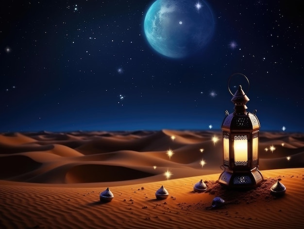 Uma cena do deserto com uma lanterna e a lua ao fundo
