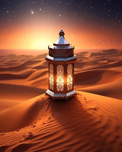 Uma cena do deserto com uma lanterna no meio do deserto