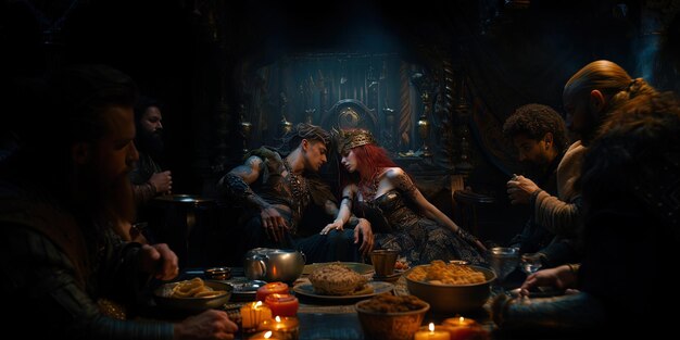 uma cena do filme com um casal em primeiro plano e uma mesa com comida e velas