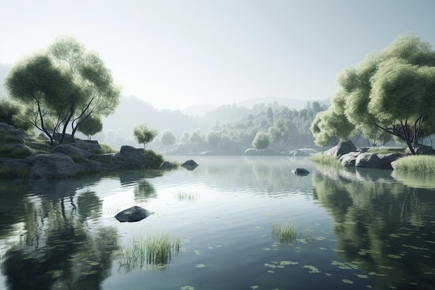 Uma cena do jogo em que o lago é cercado por árvores e grama.