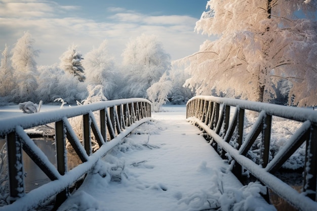 Uma cena do país das maravilhas do inverno, uma ponte de madeira nevada em um dia frio