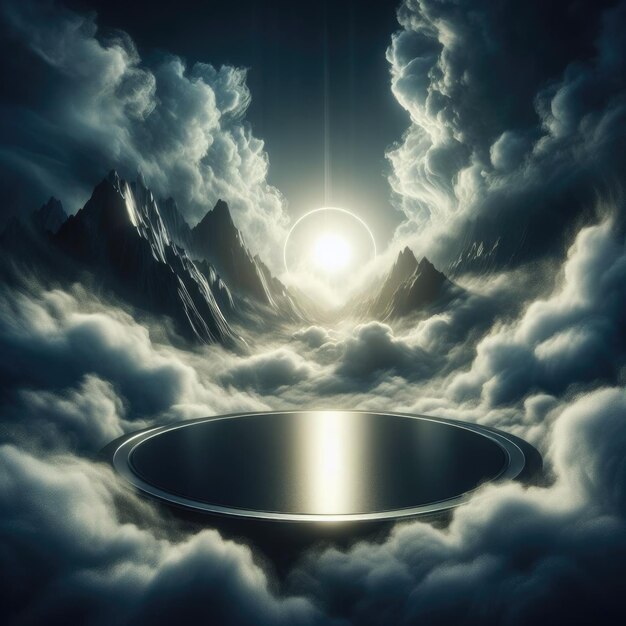 Uma cena dramática e mística com uma plataforma circular cercada por nuvens com montanhas