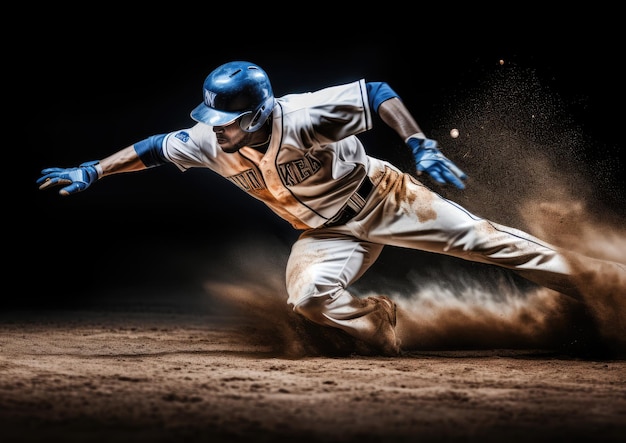 Uma cena em câmera lenta de um jogador de beisebol deslizando para uma base, capturando a graça e a agilidade de